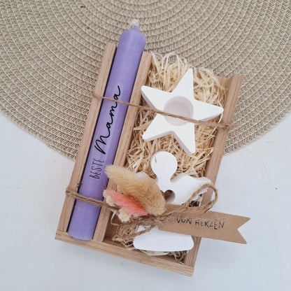Muttertag Muttertagsgeschenk Engel mit Herz Kerzenhalter Stern Kerzenset für Mama Geschenkset Stabkerze Kerzenbox Holzbox Mitbringsel