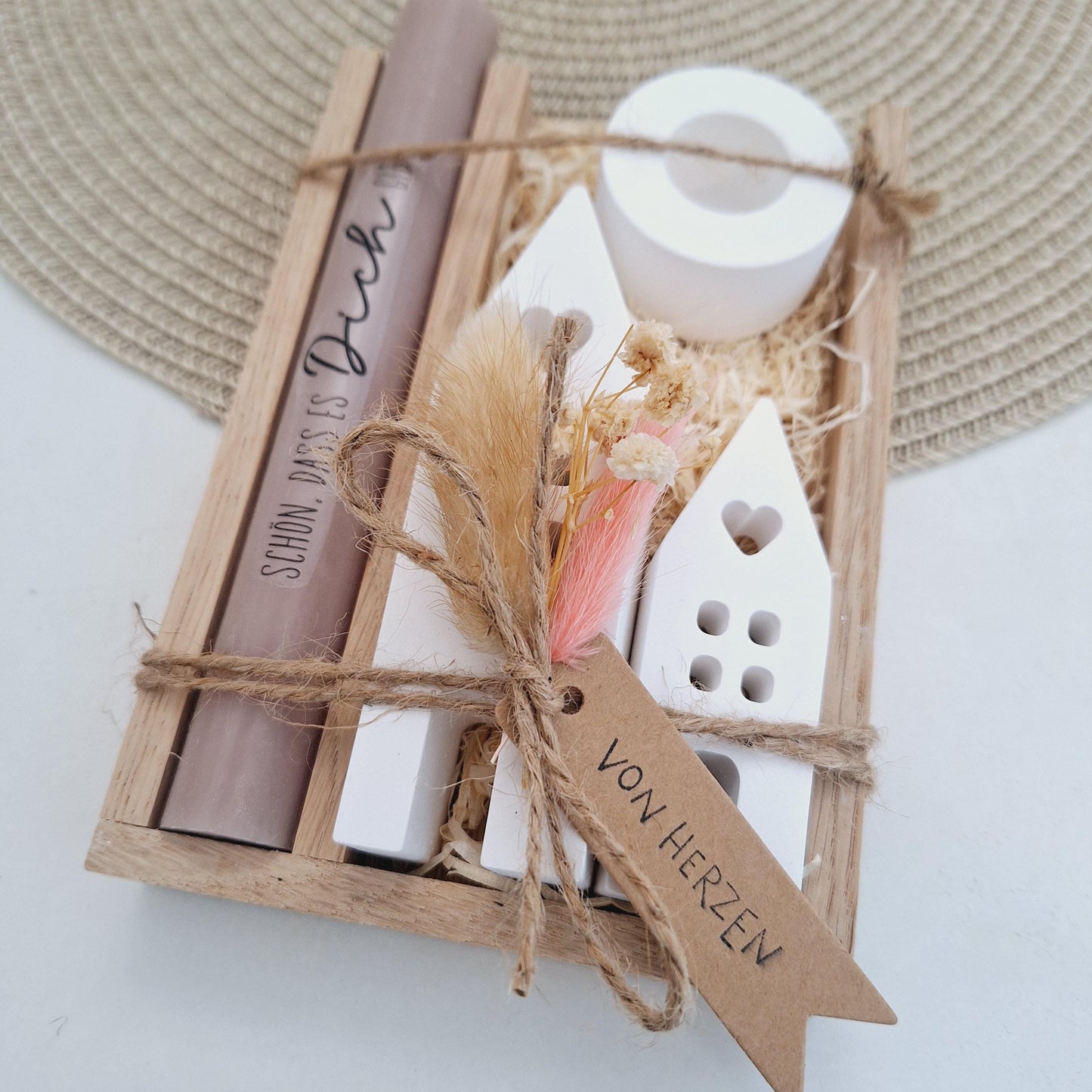 Muttertag Muttertagsgeschenk Häuser / Lichthäuser Kerzenhalter rund Kerzenset für Mama Geschenkset Stabkerze Kerzenbox Holzbox Mitbringsel