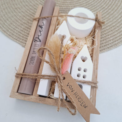 Muttertag Muttertagsgeschenk Häuser / Lichthäuser Kerzenhalter rund Kerzenset für Mama Geschenkset Stabkerze Kerzenbox Holzbox Mitbringsel