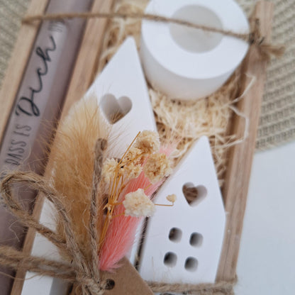 Muttertag Muttertagsgeschenk Häuser / Lichthäuser Kerzenhalter rund Kerzenset für Mama Geschenkset Stabkerze Kerzenbox Holzbox Mitbringsel