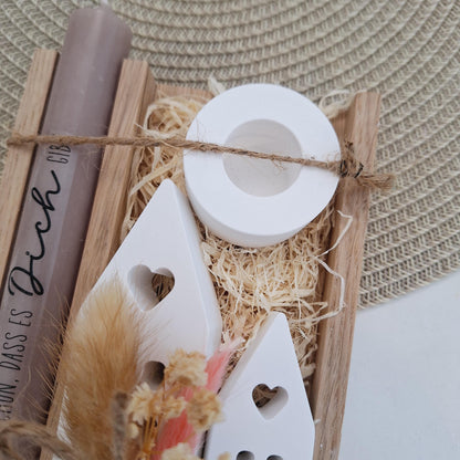Muttertag Muttertagsgeschenk Häuser / Lichthäuser Kerzenhalter rund Kerzenset für Mama Geschenkset Stabkerze Kerzenbox Holzbox Mitbringsel