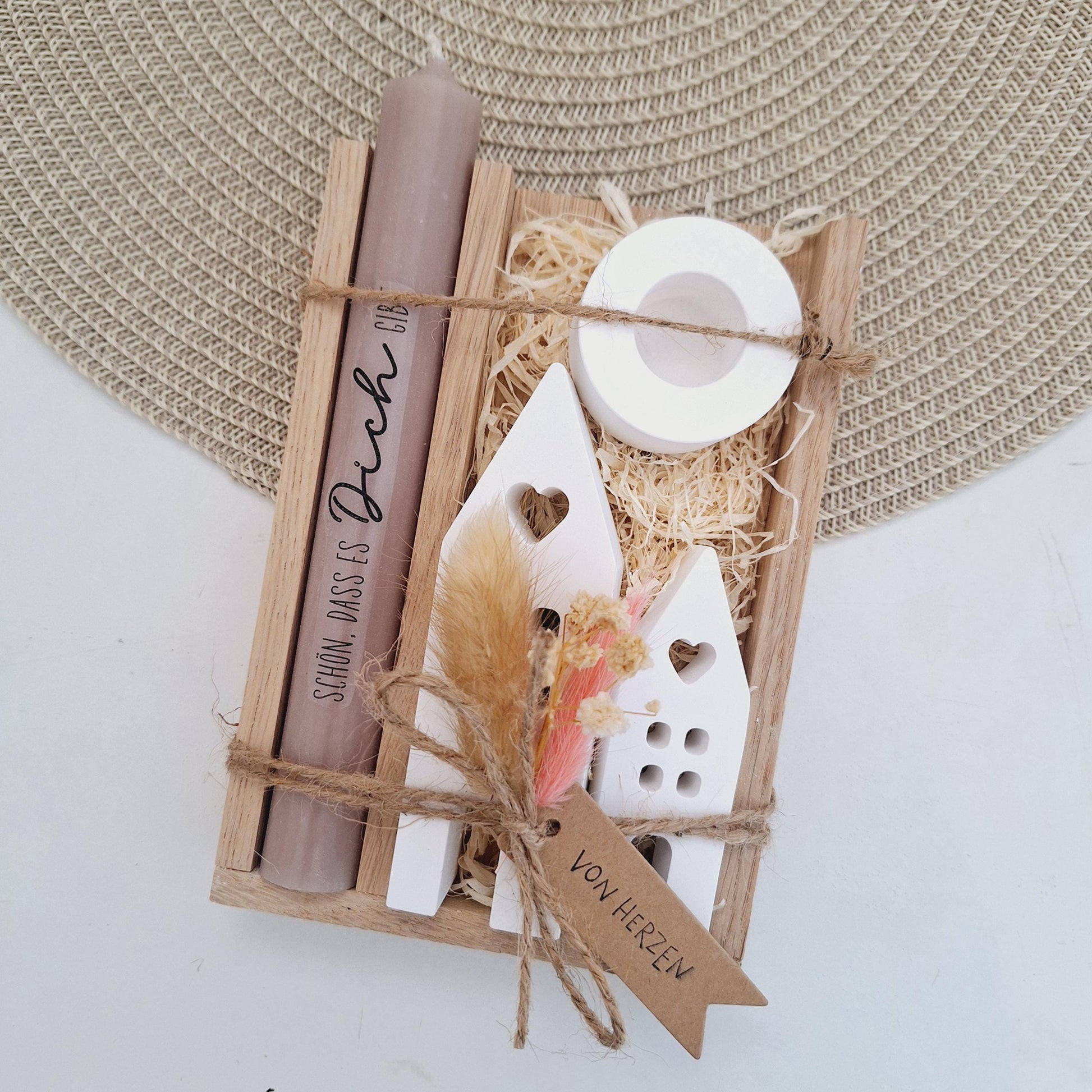 Muttertag Muttertagsgeschenk Häuser / Lichthäuser Kerzenhalter rund Kerzenset für Mama Geschenkset Stabkerze Kerzenbox Holzbox Mitbringsel
