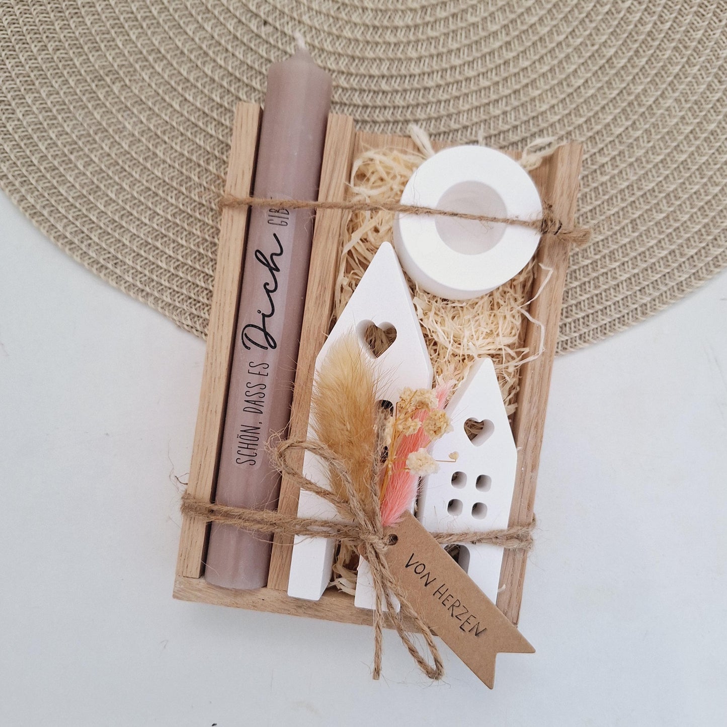 Muttertag Muttertagsgeschenk Häuser / Lichthäuser Kerzenhalter rund Kerzenset für Mama Geschenkset Stabkerze Kerzenbox Holzbox Mitbringsel