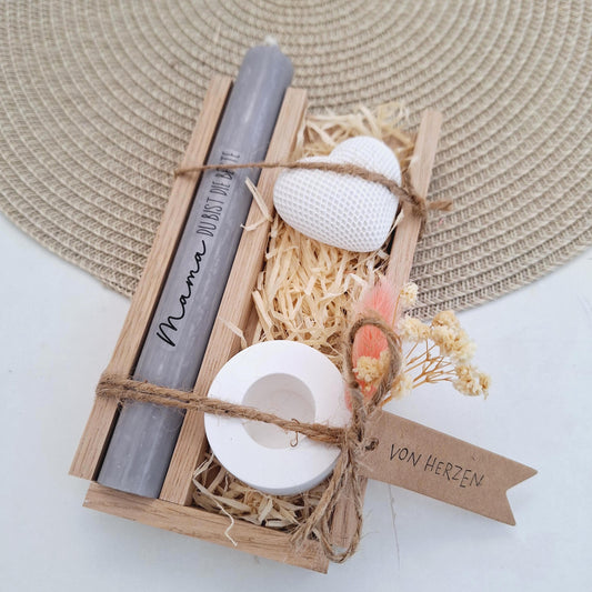 Muttertag Muttertagsgeschenk Dekoherz Kerzenhalter rund Kerzenset für Mama Geschenkset Stabkerze Kerzenbox Holzbox Mitbringsel