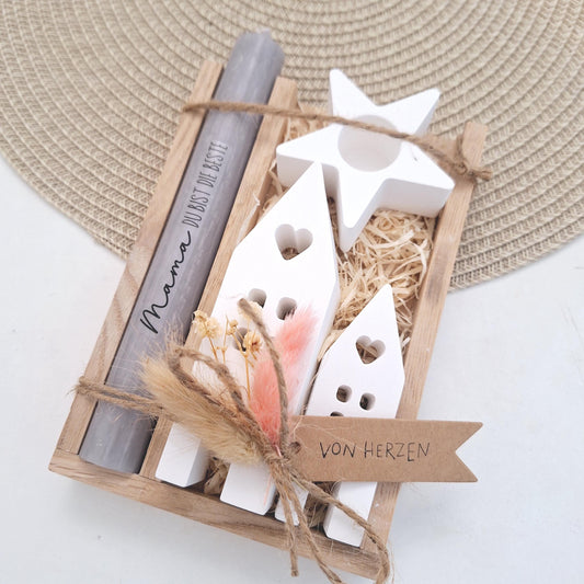 Muttertag Muttertagsgeschenk Häuser / Lichthäuser Kerzenhalter Stern Kerzenset für Mama Geschenkset Stabkerze Kerzenbox Holzbox Mitbringsel