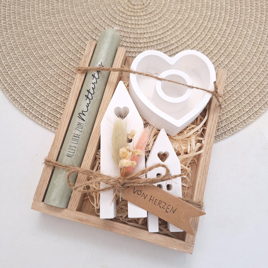 Muttertag Muttertagsgeschenk Häuser / Lichthäuser Kerzenteller Herz Kerzenset für Mama Geschenkset Stabkerze Kerzenbox Holzbox Mitbringsel