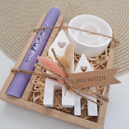 Muttertag Muttertagsgeschenk Häuser / Lichthäuser Kerzenteller rund Kerzenset für Mama Geschenkset Stabkerze Kerzenbox Holzbox Mitbringsel