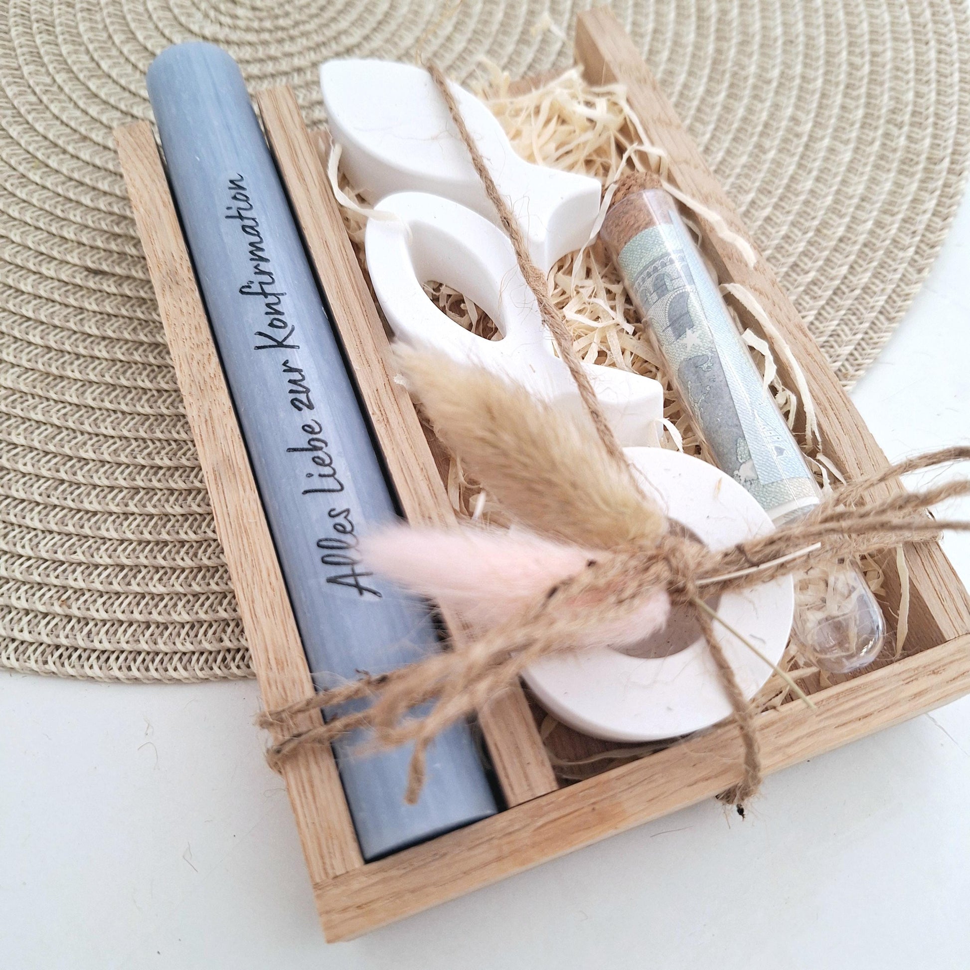 Konfirmation Geldgeschenk Konfirmationsgeschenk Geschenkset zwei Fische Kerzenhalter rund Reagenzglas Jungen Mädchen Konfirmationskerze