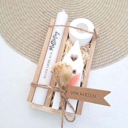 Muttertag Muttertagsgeschenk Haus / Lichthaus Kerzenhalter rund Kerzenset für Mama Geschenkset Stabkerze Kerzenbox Holzbox Mitbringsel