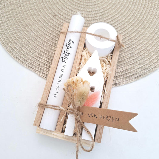Muttertag Muttertagsgeschenk Haus / Lichthaus Kerzenhalter rund Kerzenset für Mama Geschenkset Stabkerze Kerzenbox Holzbox Mitbringsel