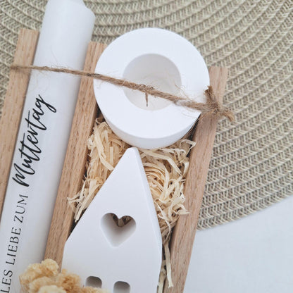 Muttertag Muttertagsgeschenk Haus / Lichthaus Kerzenhalter rund Kerzenset für Mama Geschenkset Stabkerze Kerzenbox Holzbox Mitbringsel