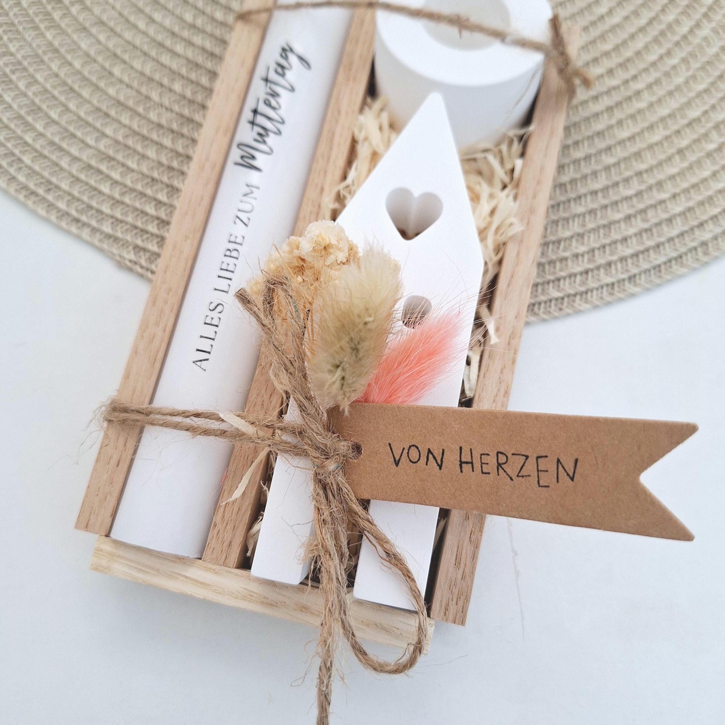 Muttertag Muttertagsgeschenk Haus / Lichthaus Kerzenhalter rund Kerzenset für Mama Geschenkset Stabkerze Kerzenbox Holzbox Mitbringsel