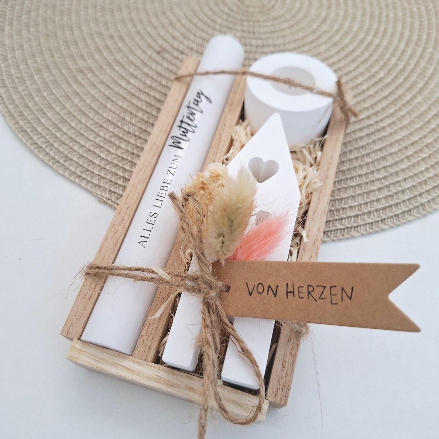 Muttertag Muttertagsgeschenk Haus / Lichthaus Kerzenhalter rund Kerzenset für Mama Geschenkset Stabkerze Kerzenbox Holzbox Mitbringsel