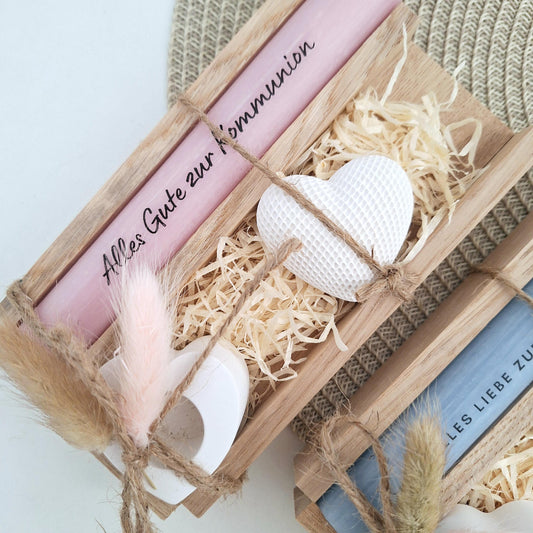 Kommunion Kommunionsgeschenk Geschenkset Dekoherz Kerzenhalter Herz Geschenkset für Jungen und Mädchen Kommunionskerze Kerzenset