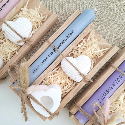 Kommunion Kommunionsgeschenk Geschenkset Dekoherz Kerzenhalter Herz Geschenkset für Jungen und Mädchen Kommunionskerze Kerzenset
