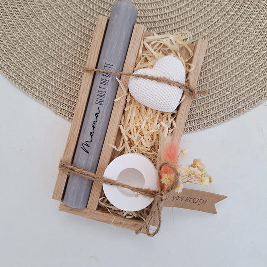 Muttertag Muttertagsgeschenk Dekoherz Kerzenhalter rund Kerzenset für Mama Geschenkset Stabkerze Kerzenbox Holzbox Mitbringsel