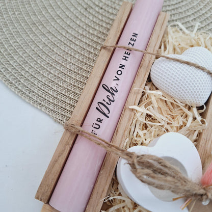 Muttertag Muttertagsgeschenk Dekoherz Kerzenhalter Herz Kerzenset für Mama Geschenkset Stabkerze Kerzenbox Holzbox Mitbringsel