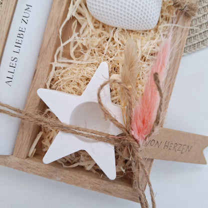 Muttertag Muttertagsgeschenk Dekoherz Kerzenhalter Stern Kerzenset für Mama Geschenkset Stabkerze Kerzenbox Holzbox Mitbringsel