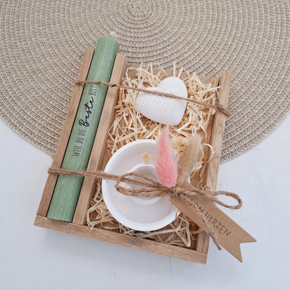 Muttertag Muttertagsgeschenk Dekoherz Kerzenteller rund Kerzenset für Mama Geschenkset Stabkerze Kerzenbox Holzbox Mitbringsel