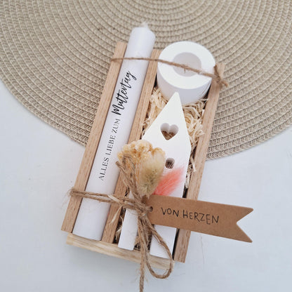Muttertag Muttertagsgeschenk Haus / Lichthaus Kerzenhalter rund Kerzenset für Mama Geschenkset Stabkerze Kerzenbox Holzbox Mitbringsel