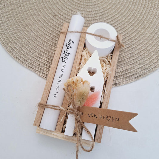 Muttertag Muttertagsgeschenk Haus / Lichthaus Kerzenhalter rund Kerzenset für Mama Geschenkset Stabkerze Kerzenbox Holzbox Mitbringsel
