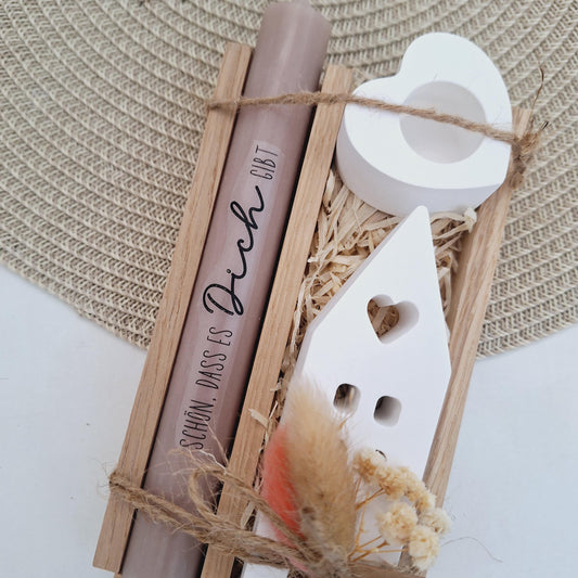 Muttertag Muttertagsgeschenk Haus / Lichthaus Kerzenhalter Herz Kerzenset für Mama Geschenkset Stabkerze Kerzenbox Holzbox Mitbringsel
