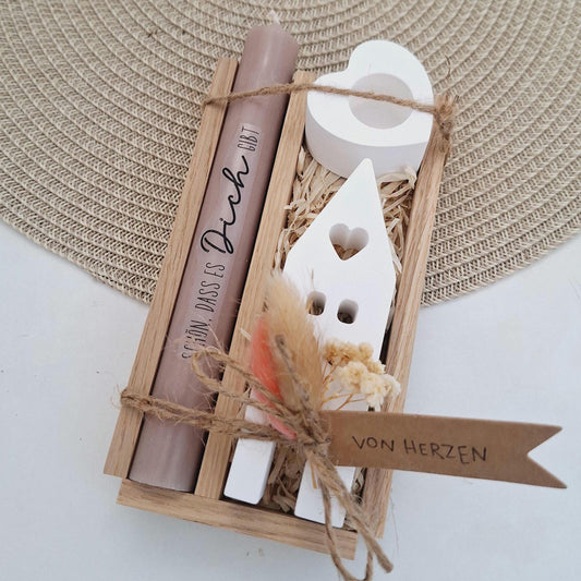 Muttertag Muttertagsgeschenk Haus / Lichthaus Kerzenhalter Herz Kerzenset für Mama Geschenkset Stabkerze Kerzenbox Holzbox Mitbringsel