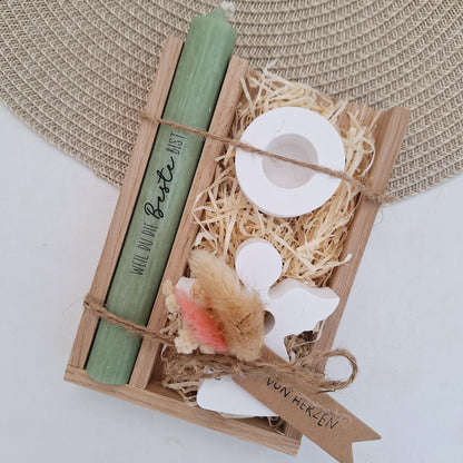 Muttertag Muttertagsgeschenk Engel mit Herz Kerzenhalter rund Kerzenset für Mama Geschenkset Stabkerze Kerzenbox Holzbox Mitbringsel