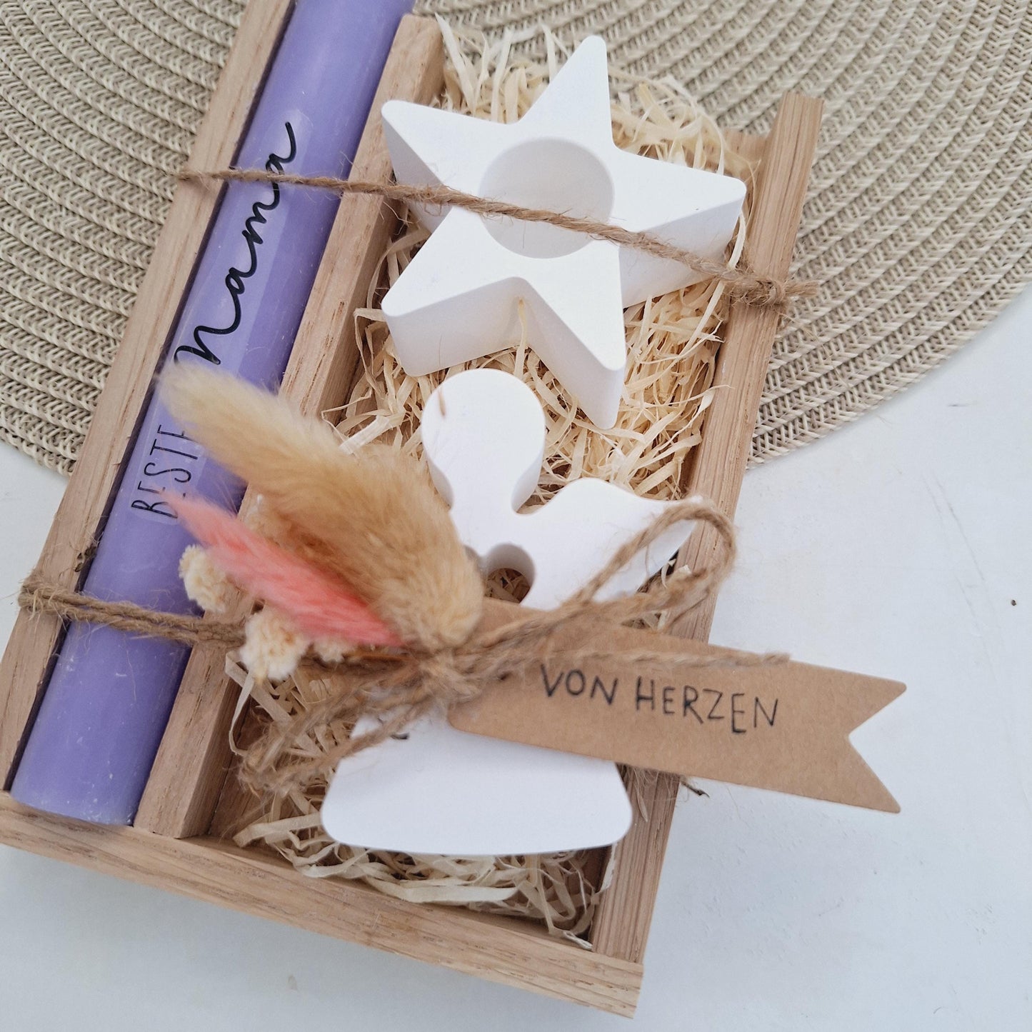 Muttertag Muttertagsgeschenk Engel mit Herz Kerzenhalter Stern Kerzenset für Mama Geschenkset Stabkerze Kerzenbox Holzbox Mitbringsel