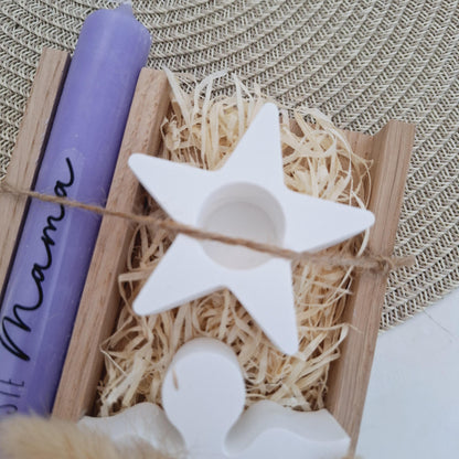 Muttertag Muttertagsgeschenk Engel mit Herz Kerzenhalter Stern Kerzenset für Mama Geschenkset Stabkerze Kerzenbox Holzbox Mitbringsel
