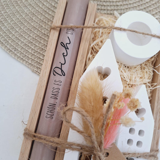 Muttertag Muttertagsgeschenk Häuser / Lichthäuser Kerzenhalter rund Kerzenset für Mama Geschenkset Stabkerze Kerzenbox Holzbox Mitbringsel