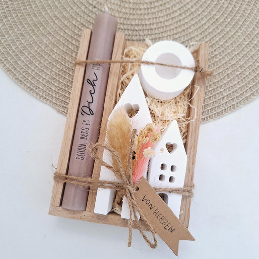 Muttertag Muttertagsgeschenk Häuser / Lichthäuser Kerzenhalter rund Kerzenset für Mama Geschenkset Stabkerze Kerzenbox Holzbox Mitbringsel