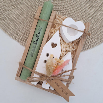 Muttertag Muttertagsgeschenk Häuser / Lichthäuser Kerzenhalter Herz Kerzenset für Mama Geschenkset Stabkerze Kerzenbox Holzbox Mitbringsel