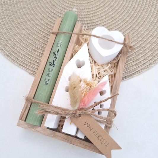 Muttertag Muttertagsgeschenk Häuser / Lichthäuser Kerzenhalter Herz Kerzenset für Mama Geschenkset Stabkerze Kerzenbox Holzbox Mitbringsel