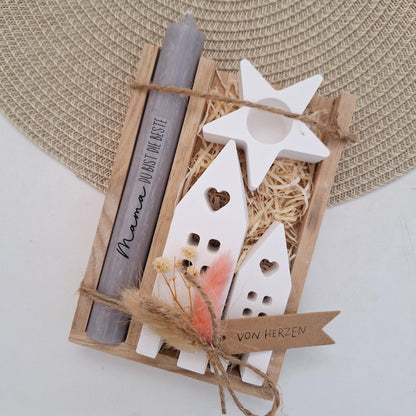 Muttertag Muttertagsgeschenk Häuser / Lichthäuser Kerzenhalter Stern Kerzenset für Mama Geschenkset Stabkerze Kerzenbox Holzbox Mitbringsel