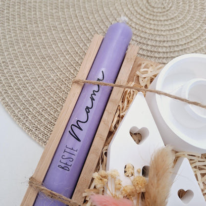 Muttertag Muttertagsgeschenk Häuser / Lichthäuser Kerzenteller rund Kerzenset für Mama Geschenkset Stabkerze Kerzenbox Holzbox Mitbringsel