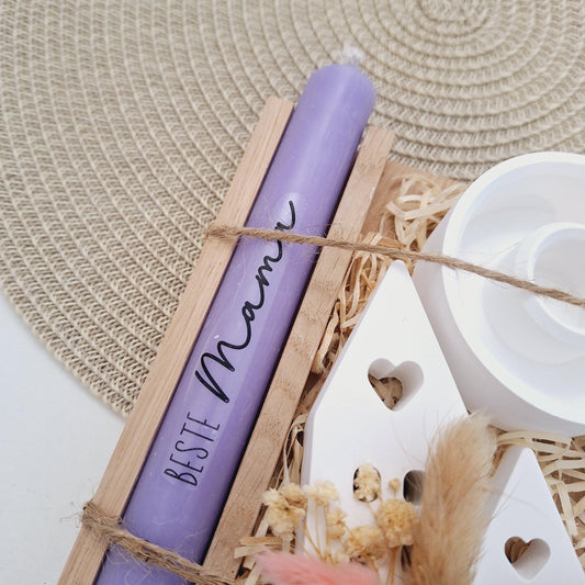 Muttertag Muttertagsgeschenk Häuser / Lichthäuser Kerzenteller rund Kerzenset für Mama Geschenkset Stabkerze Kerzenbox Holzbox Mitbringsel