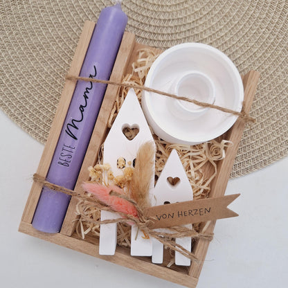 Muttertag Muttertagsgeschenk Häuser / Lichthäuser Kerzenteller rund Kerzenset für Mama Geschenkset Stabkerze Kerzenbox Holzbox Mitbringsel