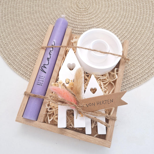Muttertag Muttertagsgeschenk Häuser / Lichthäuser Kerzenteller rund Kerzenset für Mama Geschenkset Stabkerze Kerzenbox Holzbox Mitbringsel