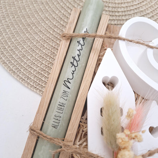 Muttertag Muttertagsgeschenk Häuser / Lichthäuser Kerzenteller Herz Kerzenset für Mama Geschenkset Stabkerze Kerzenbox Holzbox Mitbringsel