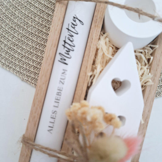 Muttertag Muttertagsgeschenk Haus / Lichthaus Kerzenhalter rund Kerzenset für Mama Geschenkset Stabkerze Kerzenbox Holzbox Mitbringsel