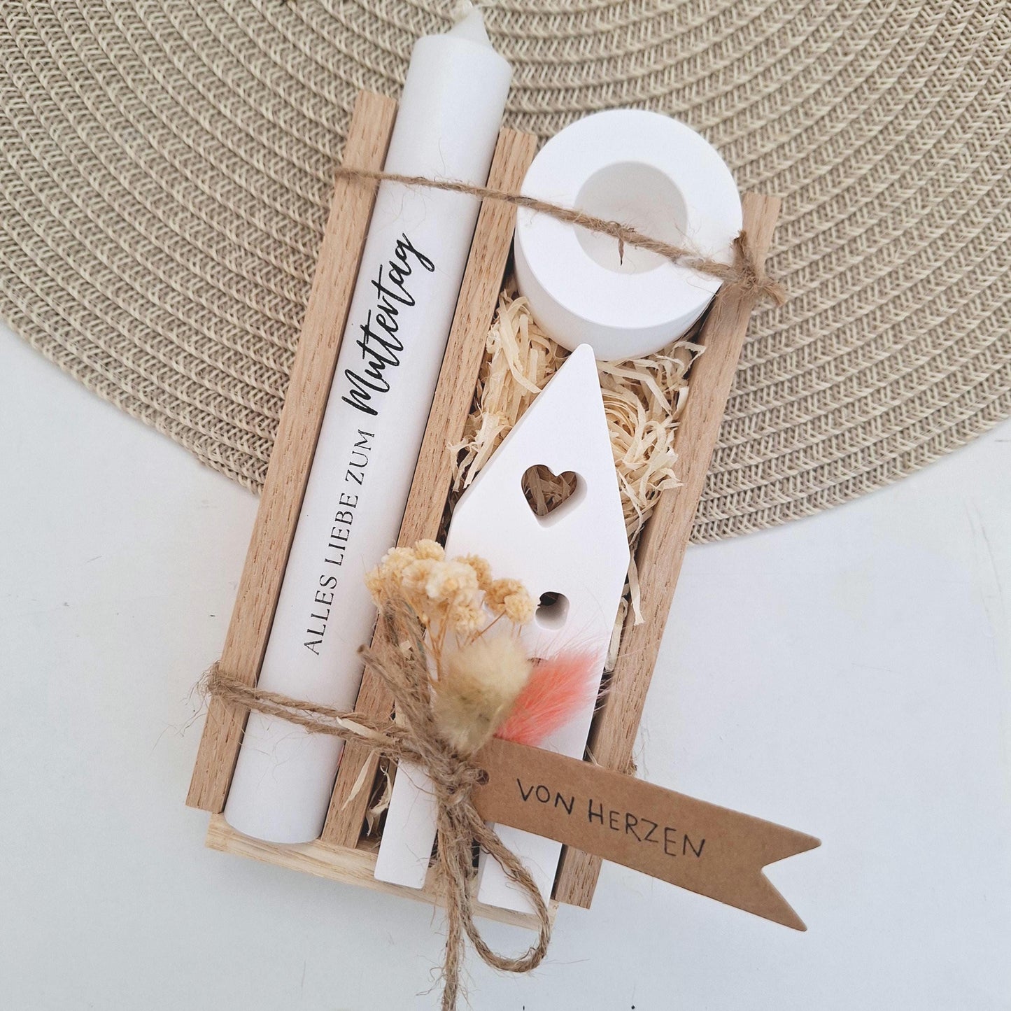 Muttertag Muttertagsgeschenk Haus / Lichthaus Kerzenhalter rund Kerzenset für Mama Geschenkset Stabkerze Kerzenbox Holzbox Mitbringsel