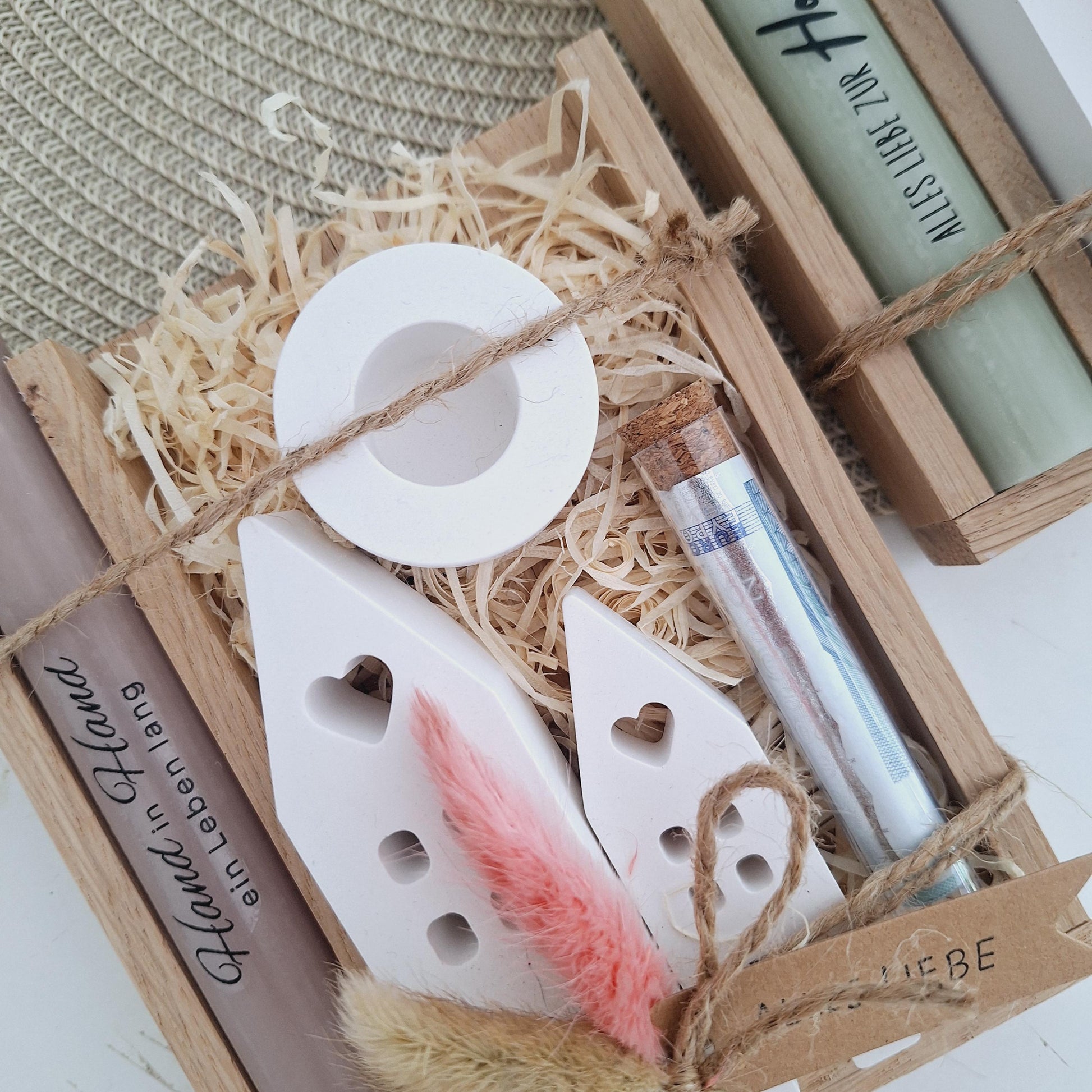 Hochzeit Geldgeschenk Hochzeitsgeschenk Häuser / Lichthäuser Kerzenhalter rund Geschenkset Gutschein Kerzenset Stabkerze Kerzenbox Holzbox