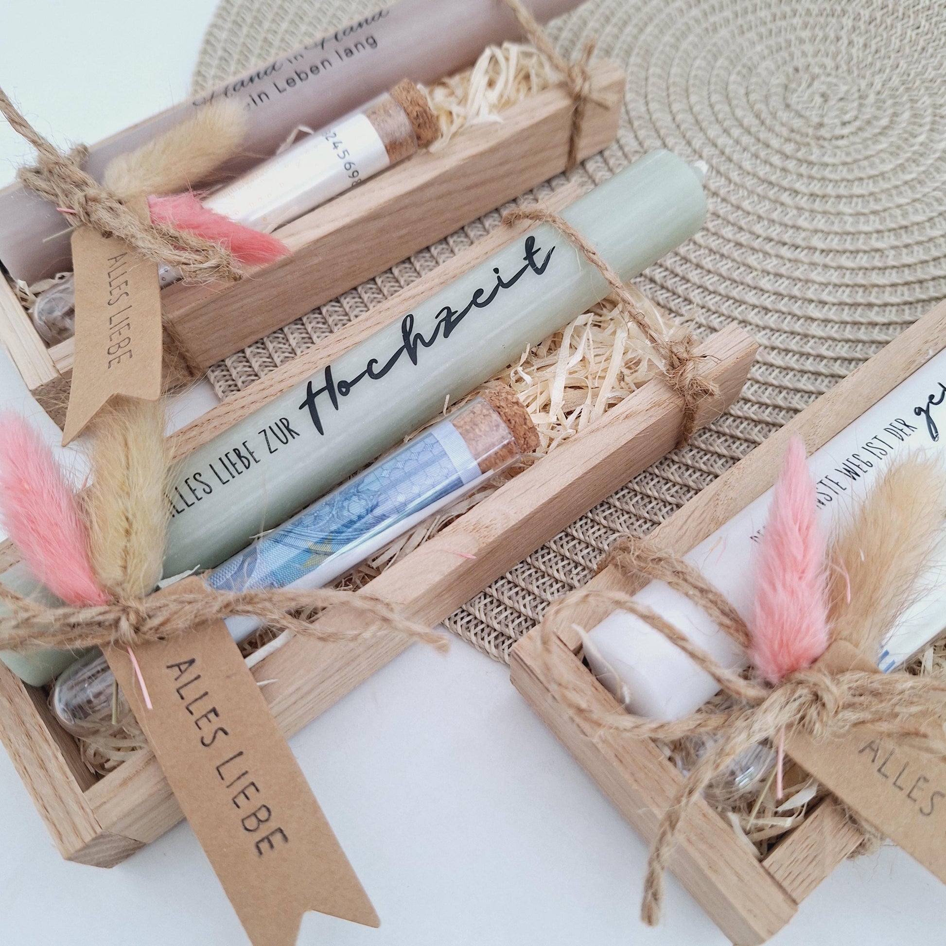 Hochzeit Geldgeschenk Reagenzglas Hochzeitskerze Hochzeitsgeschenk Geschenkset Gutschein Kerzenset Stabkerze Kerzenbox Holzbox Brautpaar