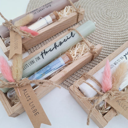 Hochzeit Geldgeschenk Reagenzglas Hochzeitskerze Hochzeitsgeschenk Geschenkset Gutschein Kerzenset Stabkerze Kerzenbox Holzbox Brautpaar