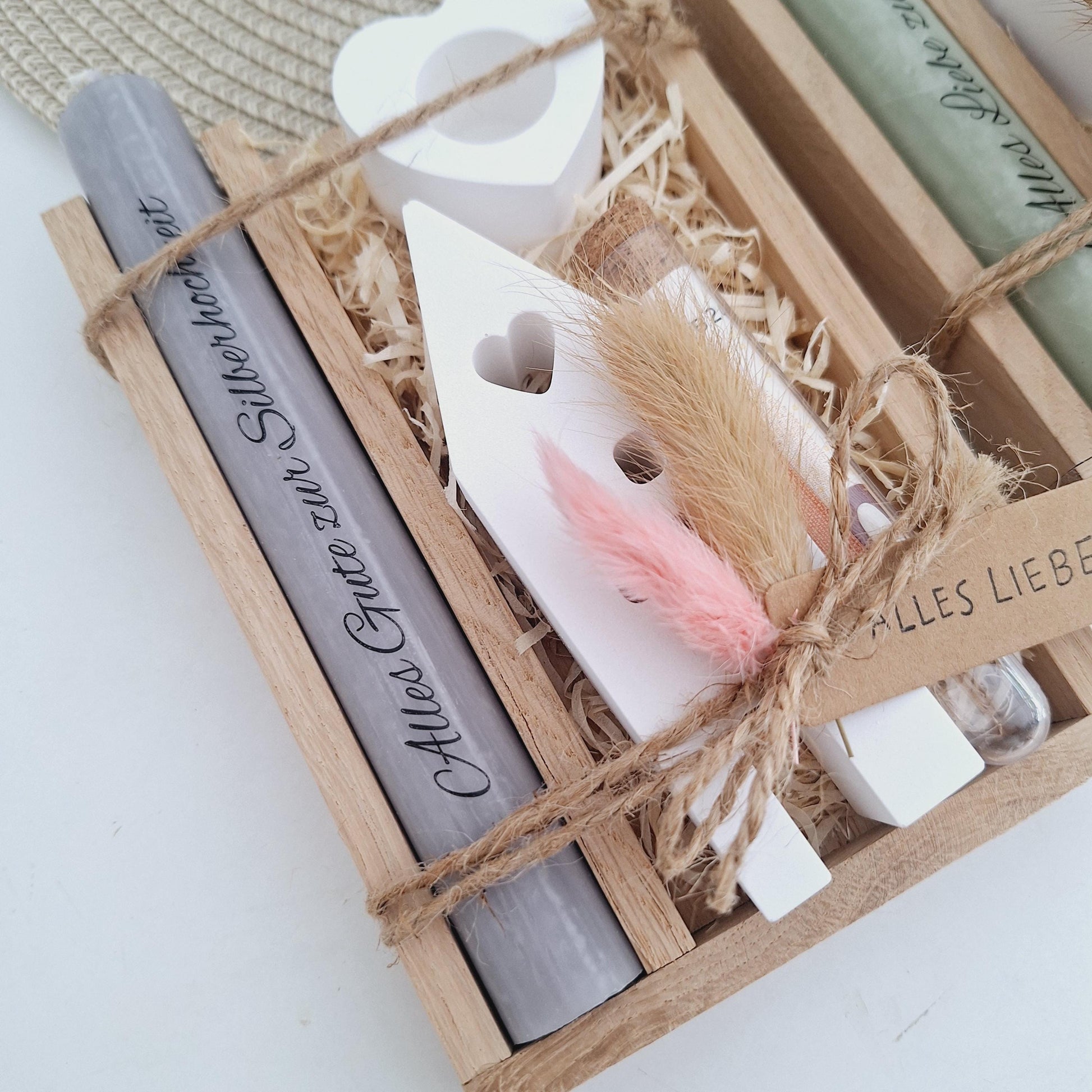 Silberhochzeit Geldgeschenk Silberhochzeitsgeschenk Haus / Lichthaus Kerzenhalter Herz Geschenkset Gutschein Kerzenset Stabkerze Kerzenbox