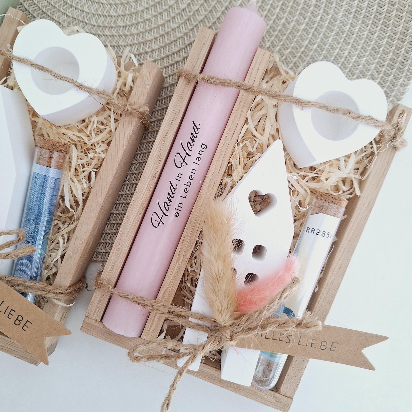 Silberhochzeit Geldgeschenk Silberhochzeitsgeschenk Haus / Lichthaus Kerzenhalter Herz Geschenkset Gutschein Kerzenset Stabkerze Kerzenbox