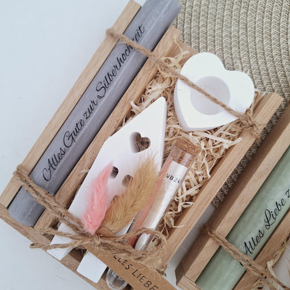 Silberhochzeit Geldgeschenk Silberhochzeitsgeschenk Haus / Lichthaus Kerzenhalter Herz Geschenkset Gutschein Kerzenset Stabkerze Kerzenbox