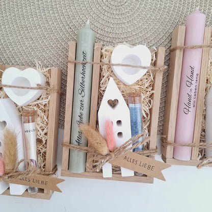 Silberhochzeit Geldgeschenk Silberhochzeitsgeschenk Haus / Lichthaus Kerzenhalter Herz Geschenkset Gutschein Kerzenset Stabkerze Kerzenbox