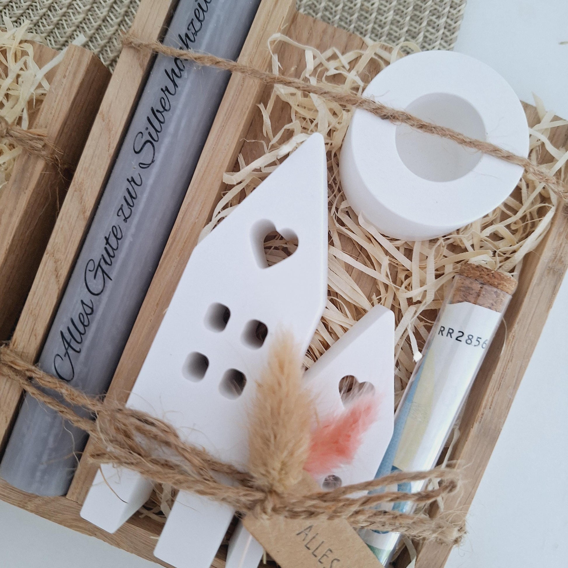 Silberhochzeit Geldgeschenk Silberhochzeitsgeschenk Häuser / Lichthäuser Kerzenhalter rund Geschenkset Gutschein Kerzenset Stabkerze Kerzenbox